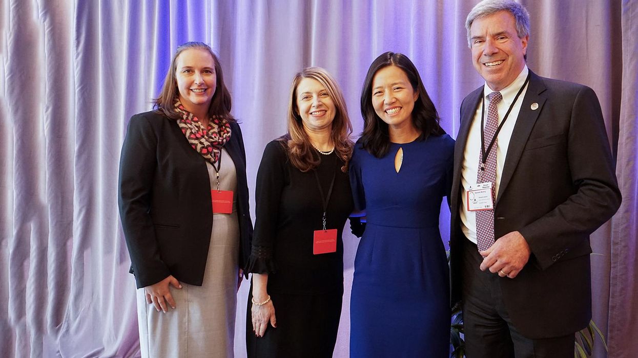 Dean of the School of Professional Studies Carol Stuckey, Vice President for Academic Affairs/Provost Caroline Zeind, Boston Mayor Michelle Wu, and President Richard J. Lessard